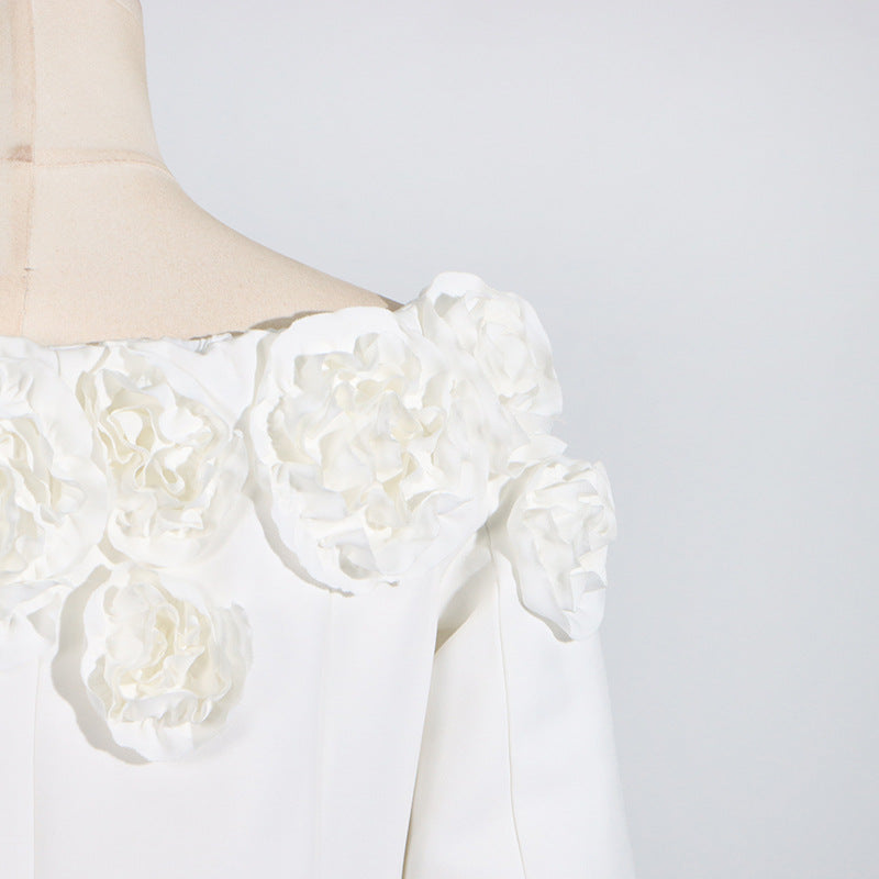 White dress with floral embellishments, perfect for summer fashion by Langry ملابس