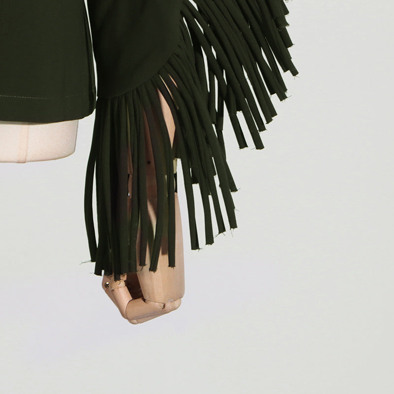 Olive green fringed jacket in Casual Office Summer V Neck Long Sleeve Pants Set