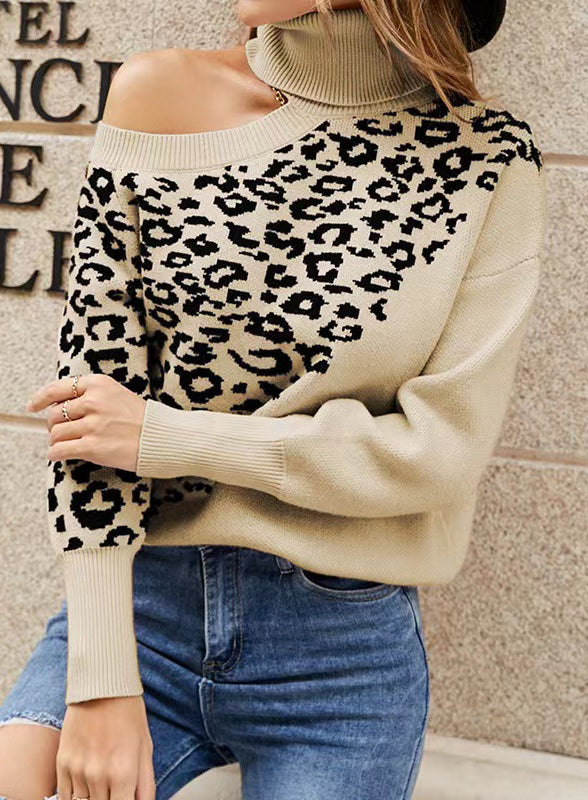 Langry leopard print off-the-shoulder fashion sweater with ribbed knit