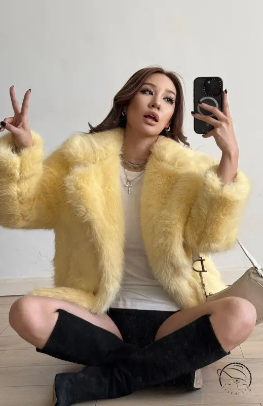 Yellow faux fur Langry fashion jacket with zipper and pockets