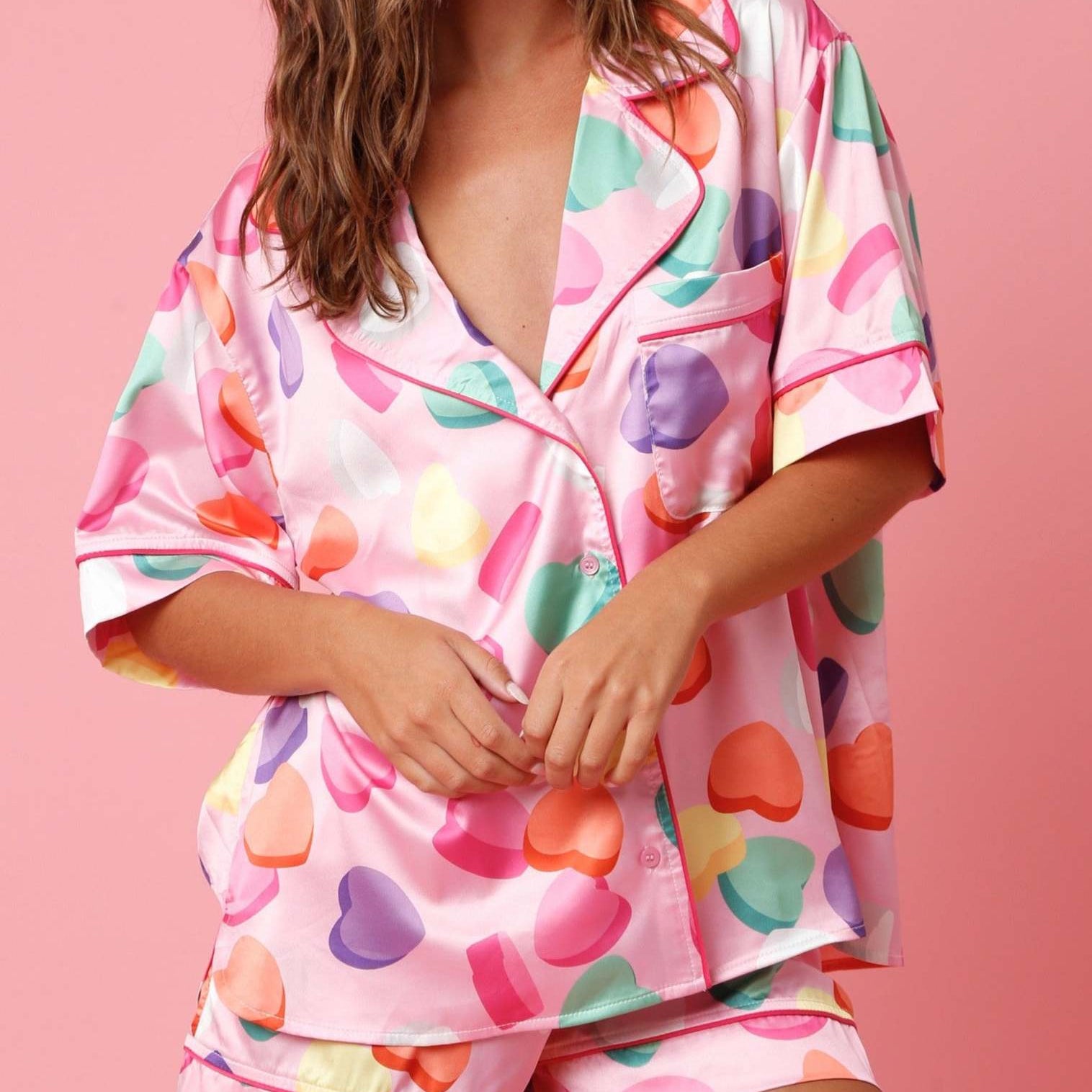 Pink satin cute two piece set pajamas with colorful heart print and red piping