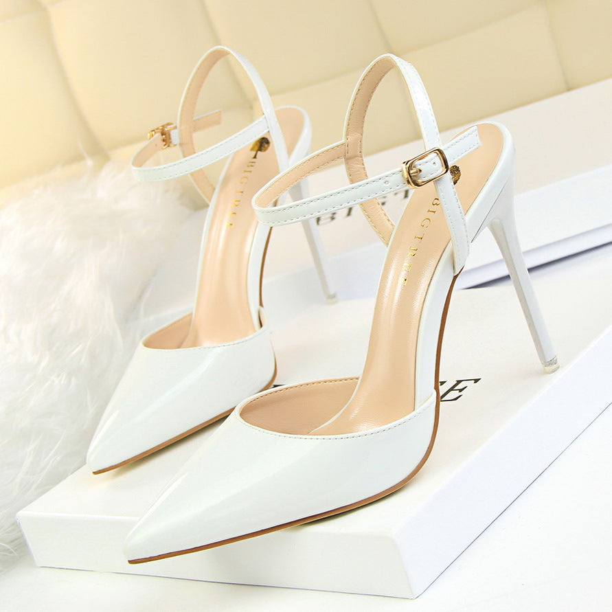 Langry fashion white patent leather slim fit strap high heel sandals with gold accents
