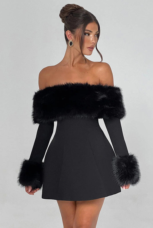 Black off-the-shoulder dress with fur trim for elegant fashion styling in ملابس options