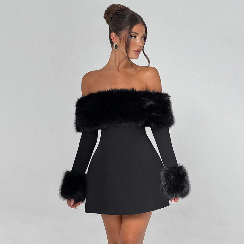 Black off-the-shoulder dress with fur trim for elegant fashion styling in ملابس options