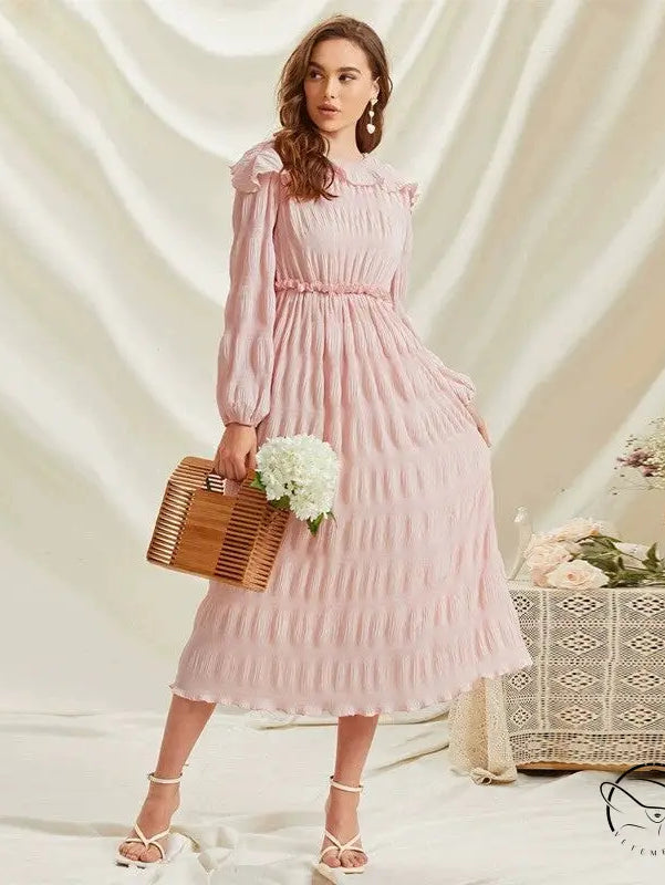 Pastel pink long sleeve French Sweet Lace Collar dress with ruffled pleated skirt and wooden handle bag