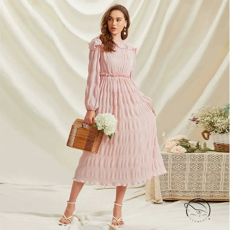 Pastel pink long sleeve French Sweet Lace Collar dress with ruffled pleated skirt and wooden handle bag