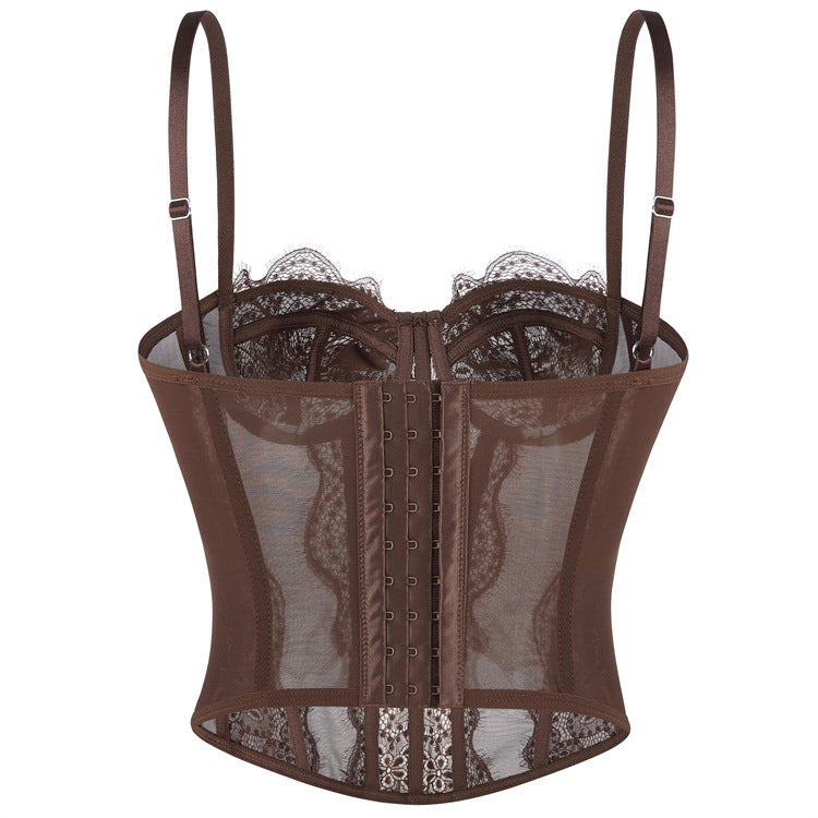 Langry fashion brown lace corset camisole bra with adjustable straps