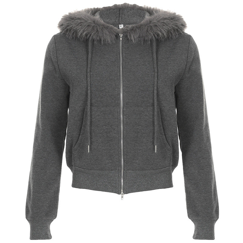Gray hooded zip-up sweatshirt with faux fur trim from Retro Loose Fur Warm Coat, a stylish fashion ملابس