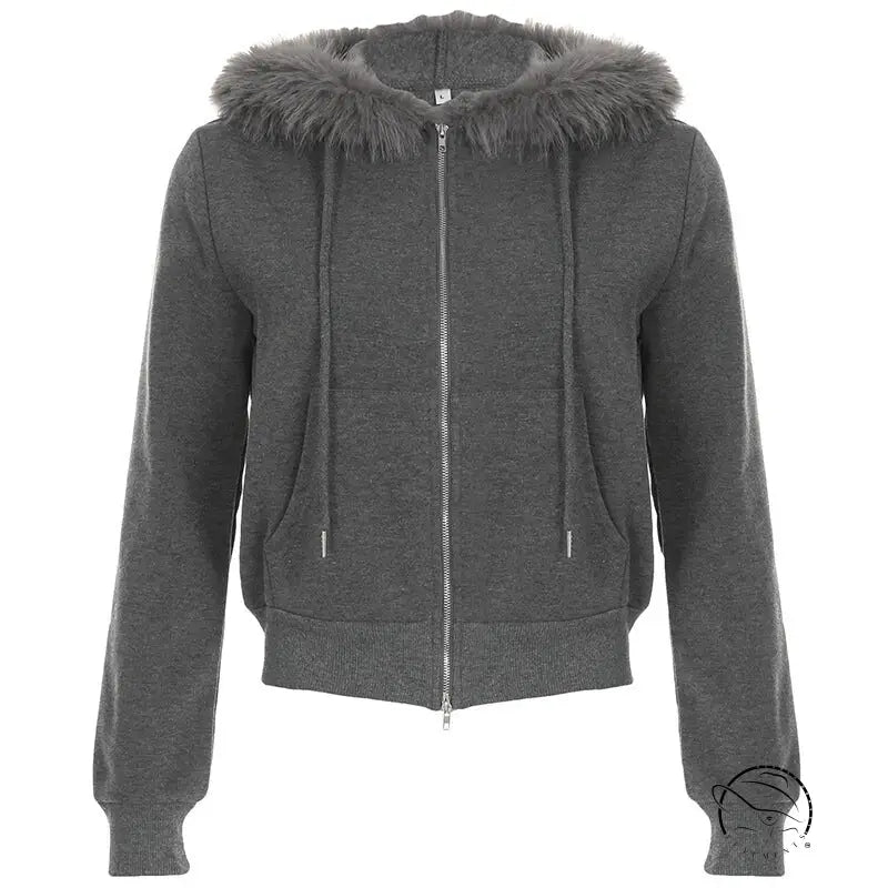 Gray hooded zip-up sweatshirt with faux fur trim, langry fashion coat