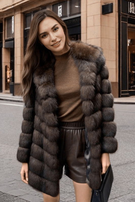 Luxurious langry faux fur hooded coat in rich brown