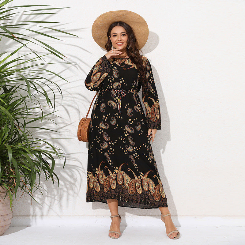 Ethnic Loose Maxi Dress Cashew Printed Long Sleeve