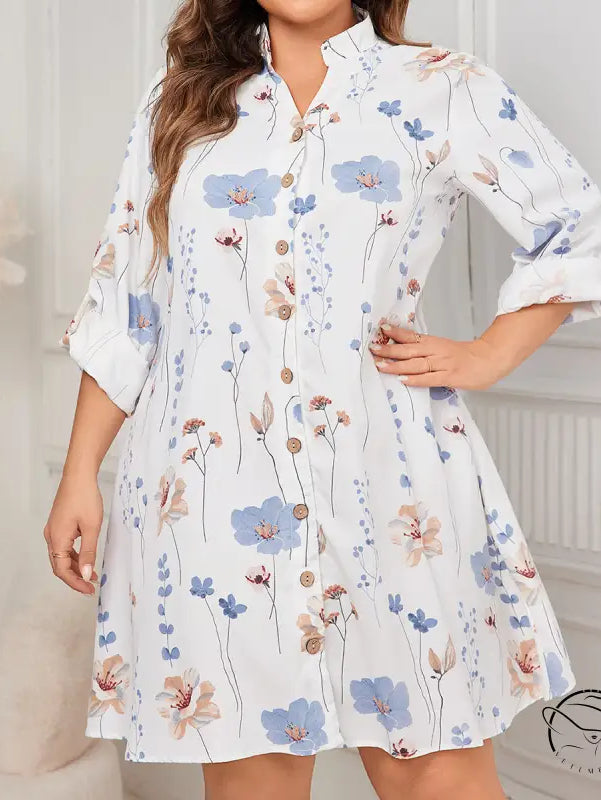 White floral print comfy loose mid length dress with rolled sleeves