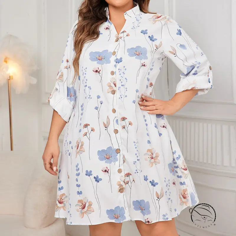 White floral print comfy loose mid length dress with rolled sleeves