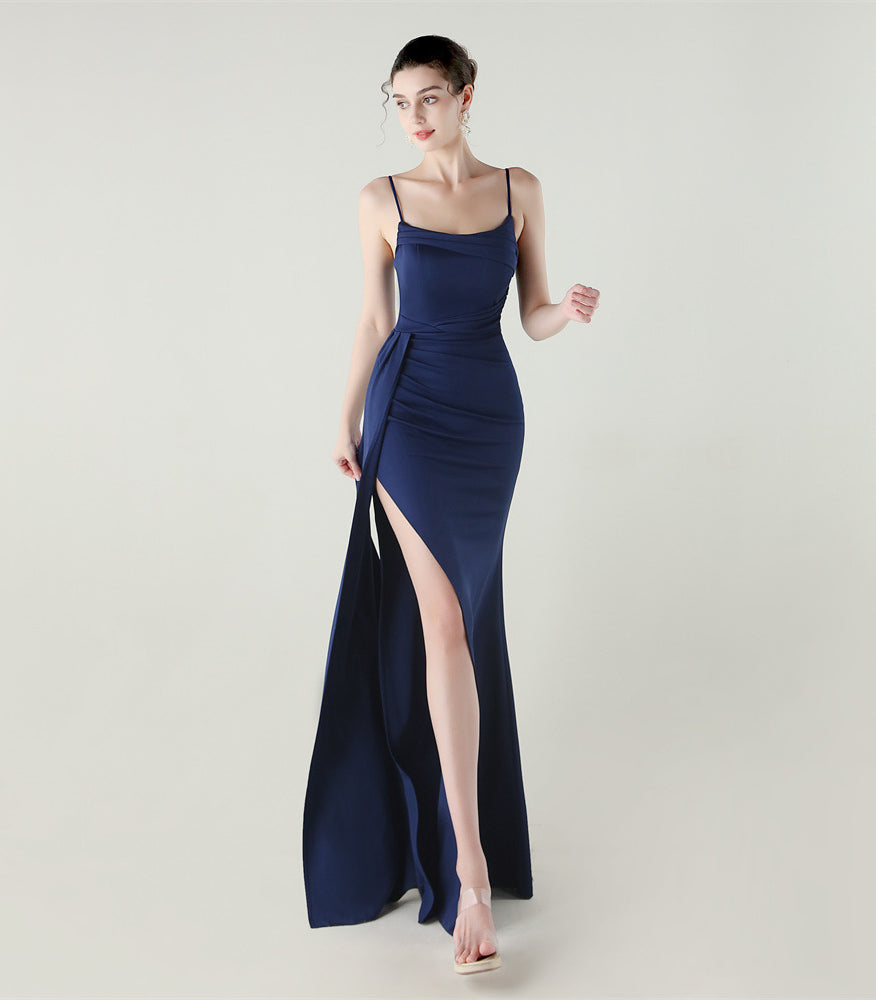 Elegant navy blue satin slip dress with high slit, langry fashion ملابس