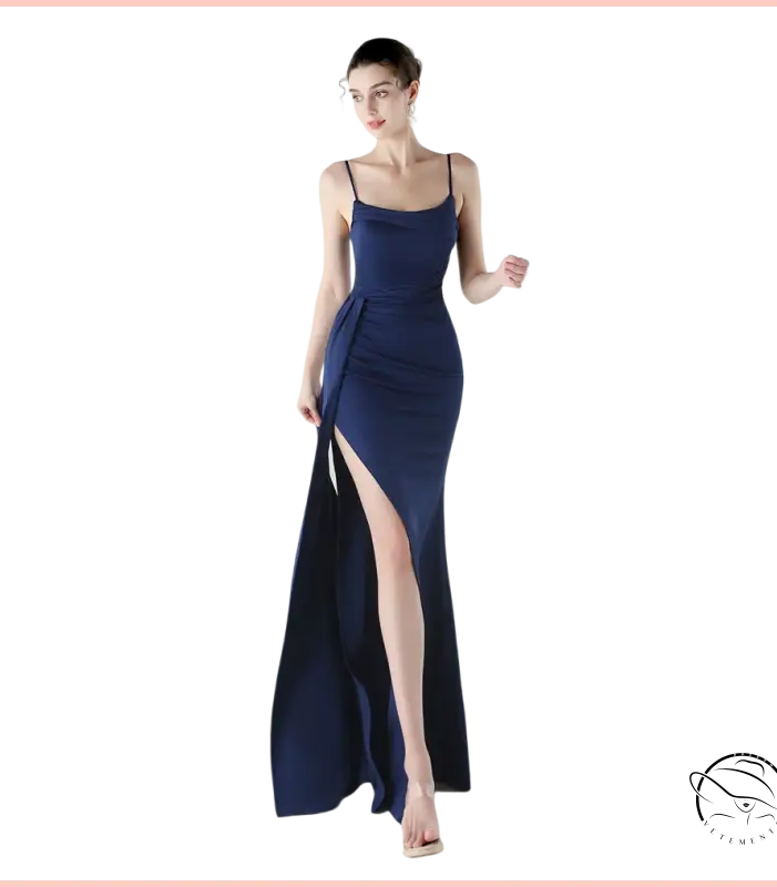 Elegant navy blue satin slip dress with high slit, langry fashion ملابس