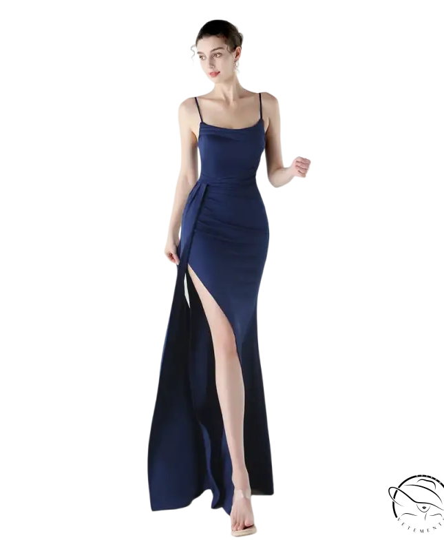 Elegant navy blue satin langry fashion evening dress with high slit