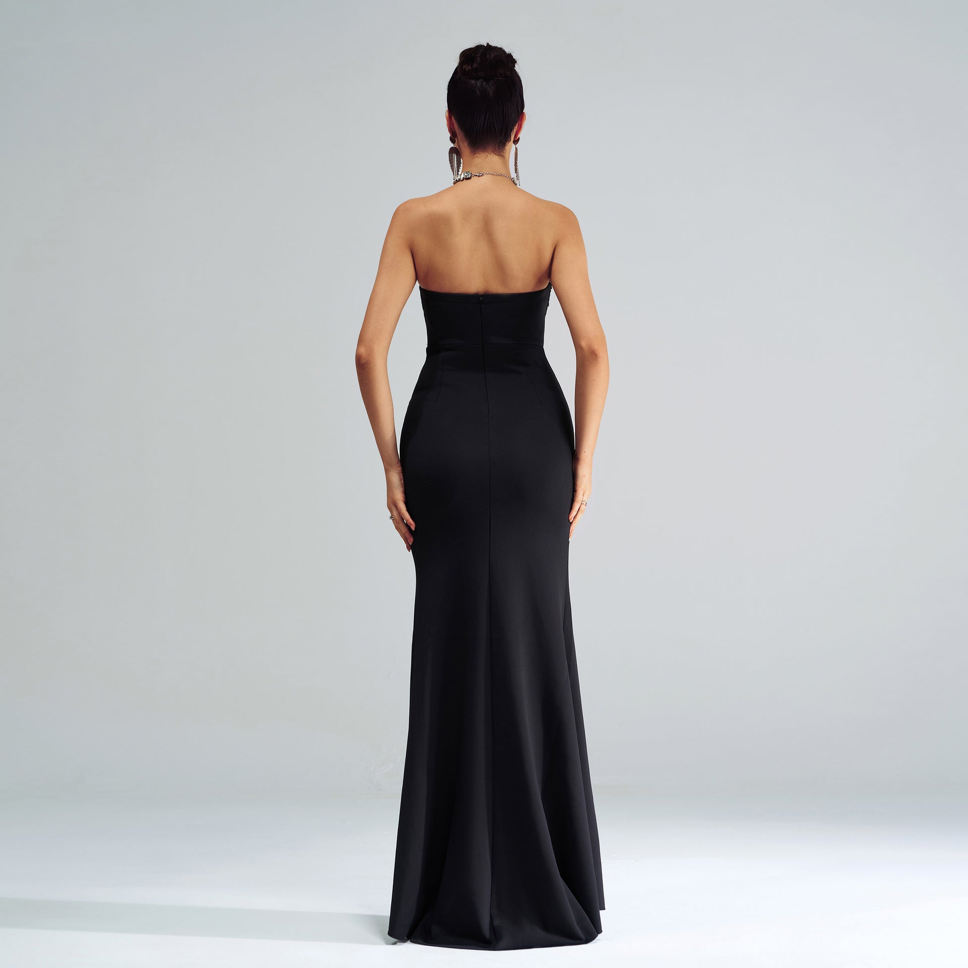 Stunning Split Cocktail Evening Dress featuring a strapless black evening gown in fashion