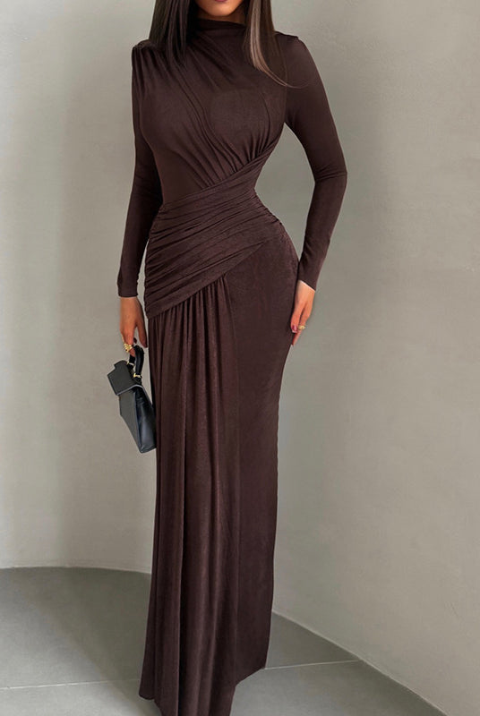 Brown winter pleated slim fit maxi dress with ruched high neckline