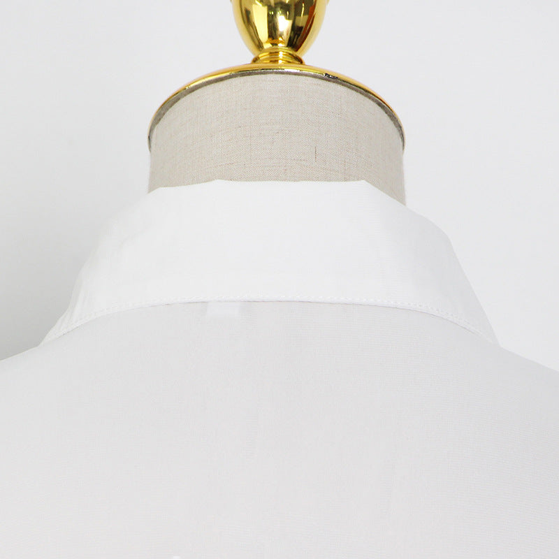 White long sleeve collared shirt with ostrich feather stitching for elegant fashion