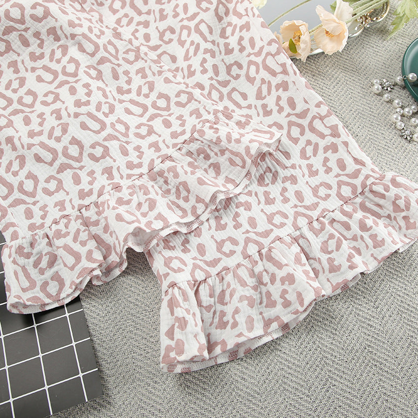 White fabric with pink leopard print and ruffled short sleeves for Spring Summer Pajamas