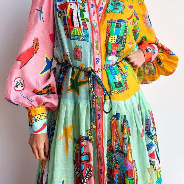 Single Breasted Long Lantern Sleeve Graffiti Printing Lace Up Large Swing Dress