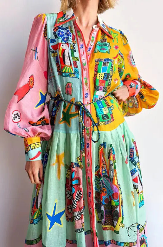 Single Breasted Long Lantern Sleeve Graffiti Printing Lace Up Large Swing Dress