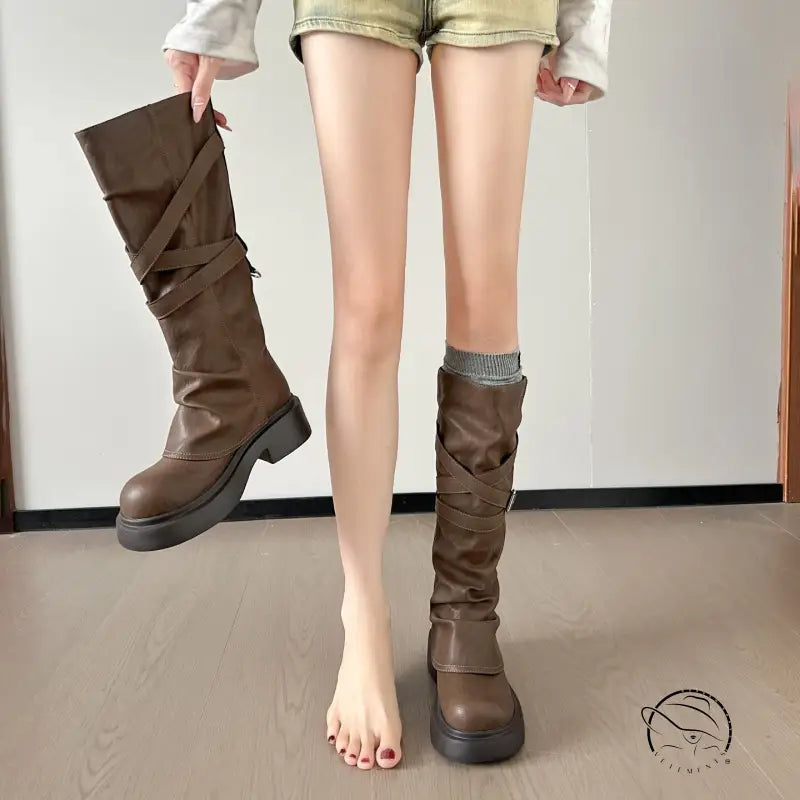 Waste Soil Brown Wrinkle High Tube Pile Long Boots