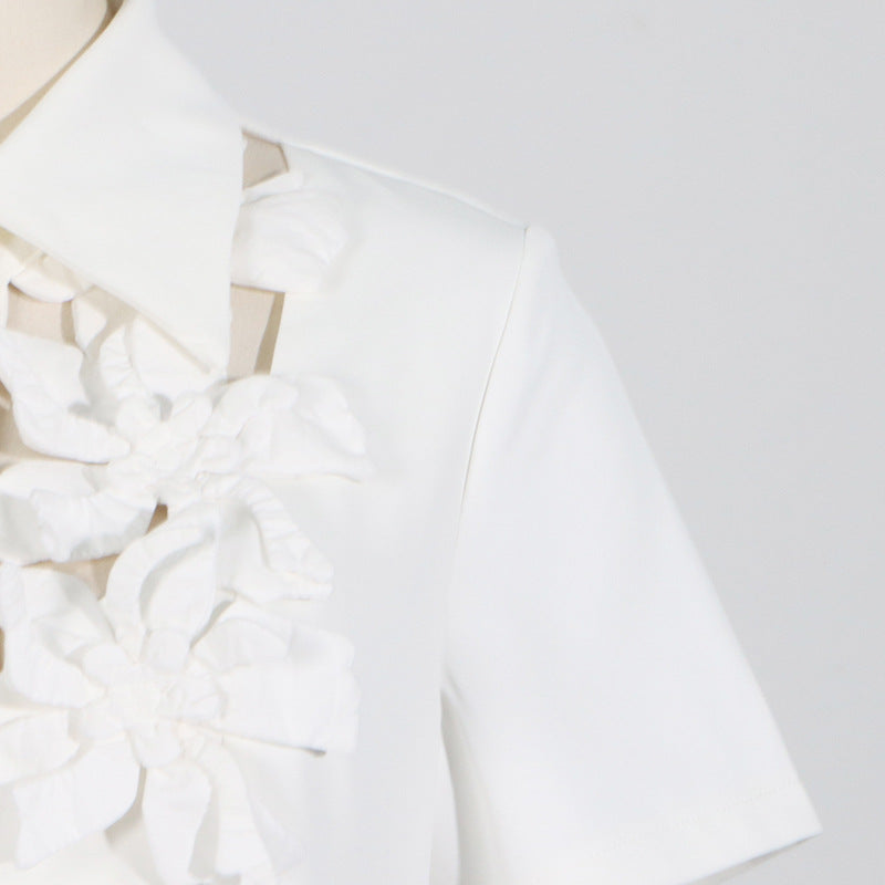 Elegant white floral-embellished blouse from French Tea Break Dress Summer Polo Collar collection featuring high waist fashion ملابس