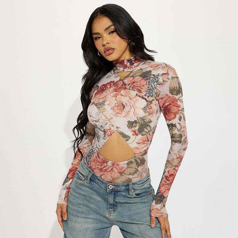 Floral print long-sleeve bodysuit from Floral Tight Hollow Out Cutout Corset коллекции