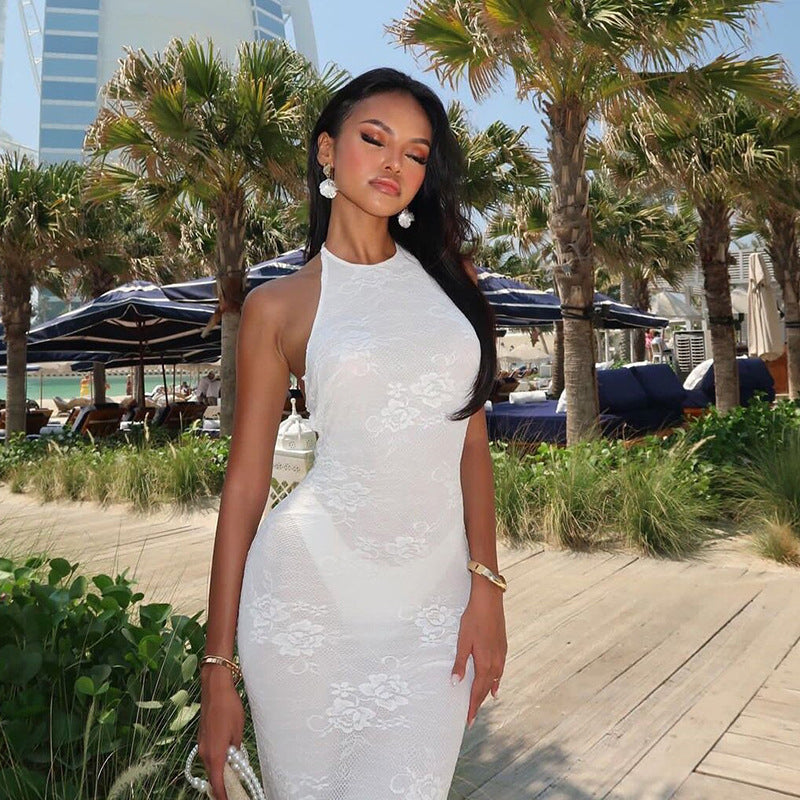 White lace mesh halter dress displayed in LACE UP MESH HALTER DRESS for elegant style