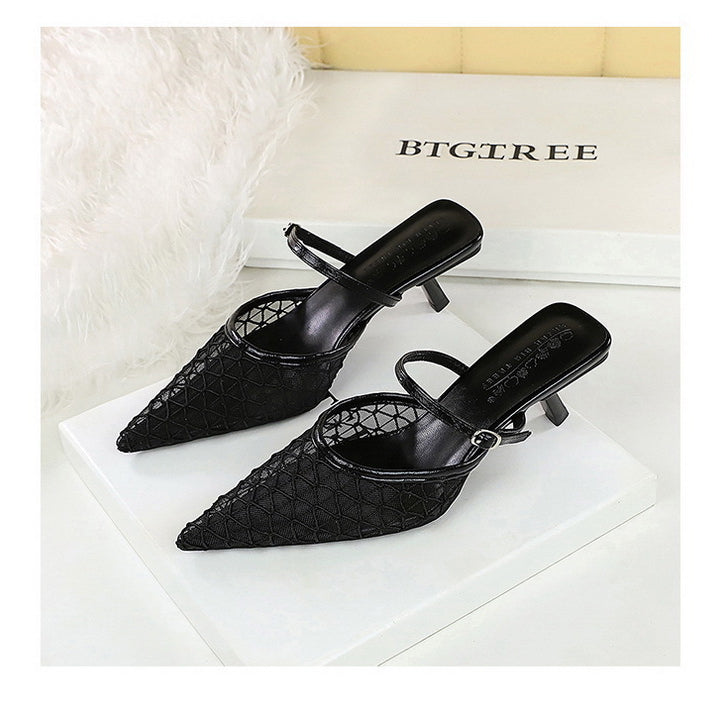 Langry fashion black woven leather pointed toe mule heels with ankle strap