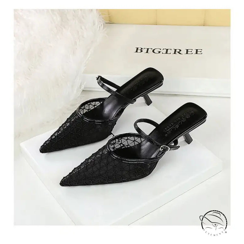 Langry fashion black woven leather pointed toe mule heels with ankle strap