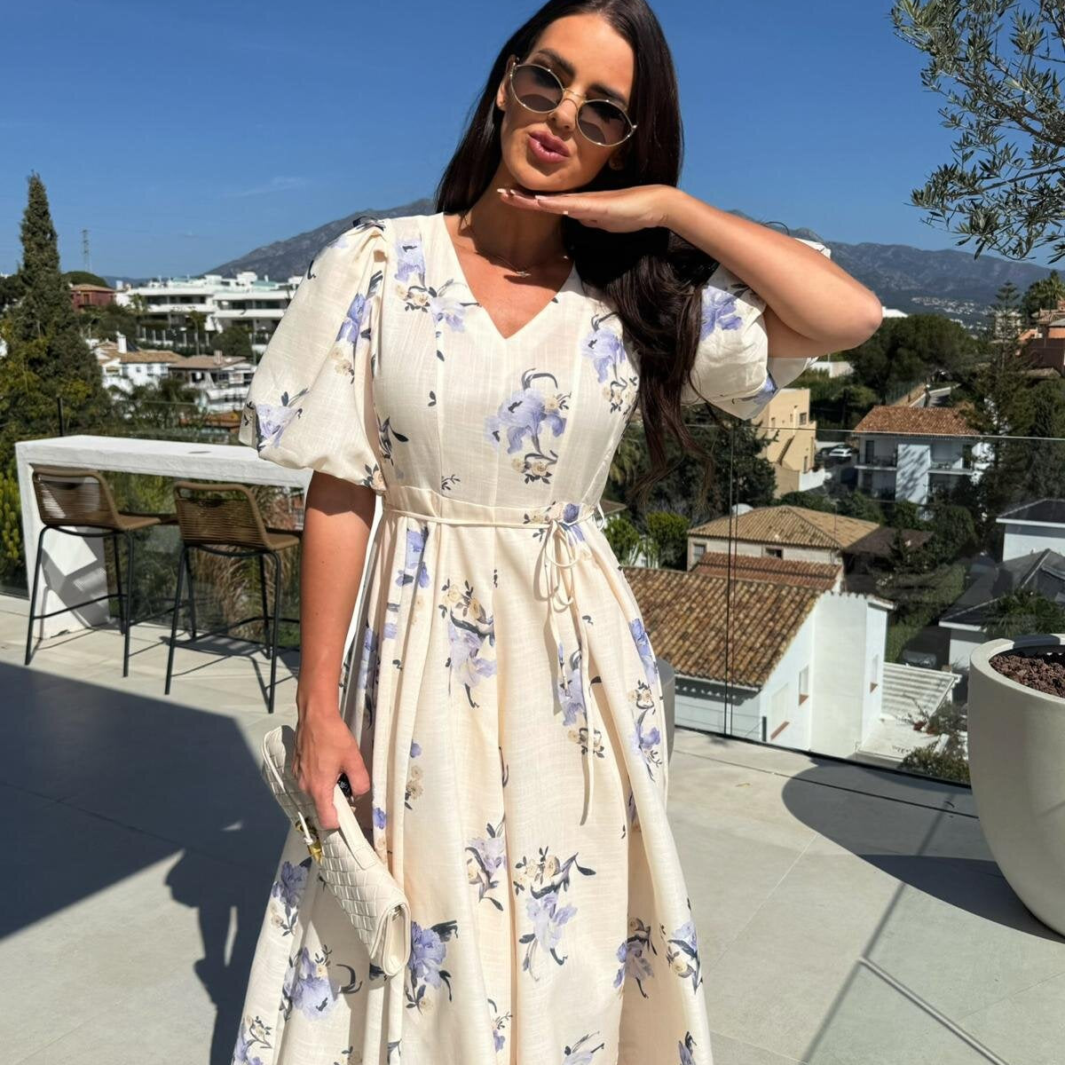 Floral print midi dress featuring puff sleeves, perfect for stylish langry fashion