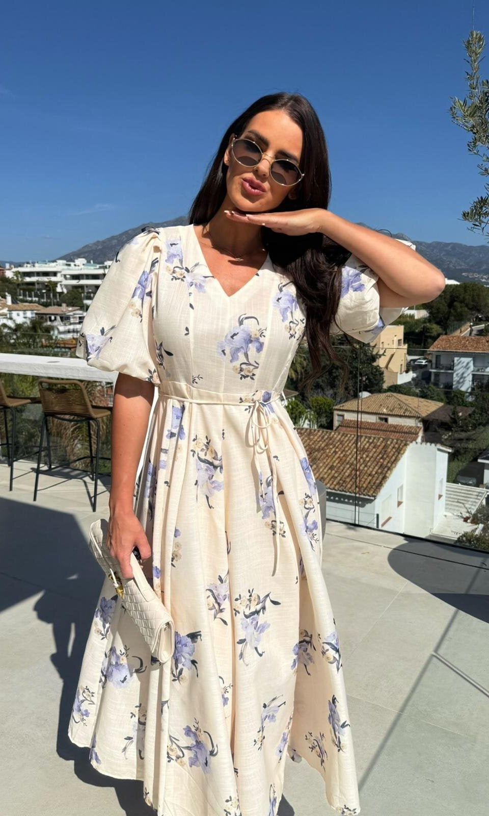 Floral print midi dress featuring puff sleeves, perfect for stylish langry fashion