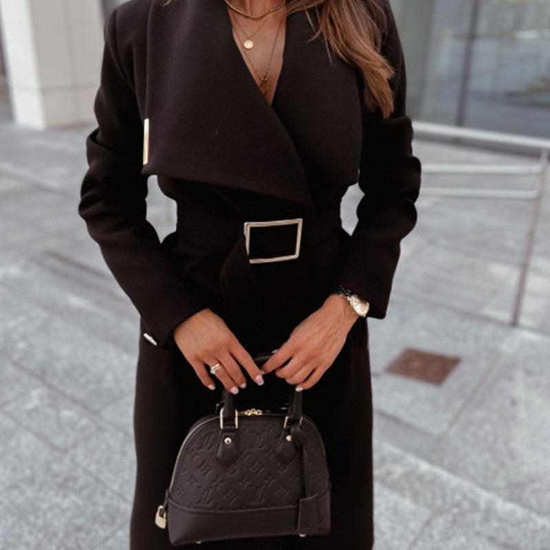 Black belted trench coat featured in the Elegant Button Coat collection, with long sleeve button style