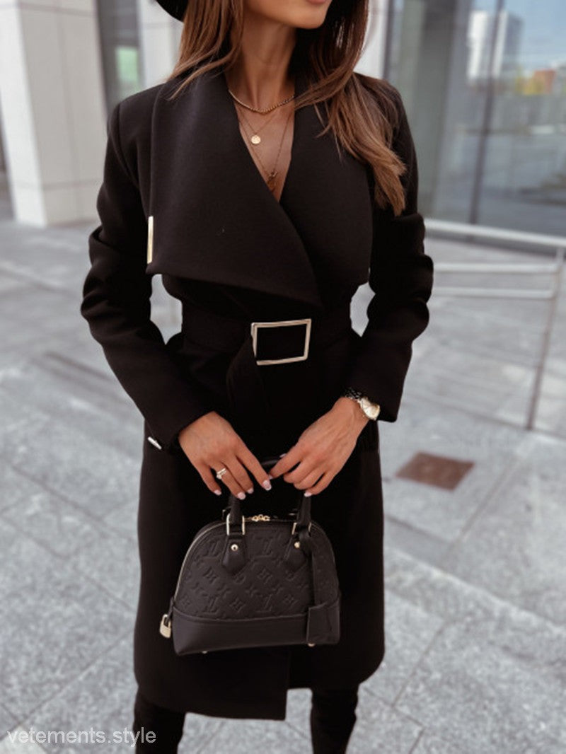 Black belted trench coat featured in the Elegant Button Coat collection, with long sleeve button style