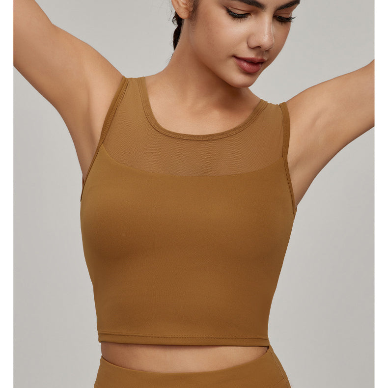 Beauty Back Mesh Workout Top in dark tan with scoop neck and mesh paneling for stylish fitness fashion