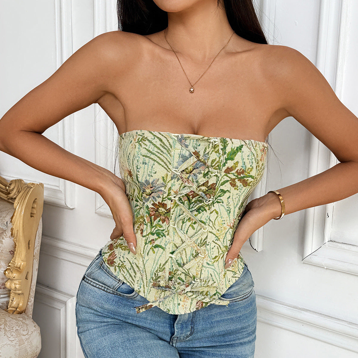 Niche Design Jacquard green floral strapless corset top with gold hardware