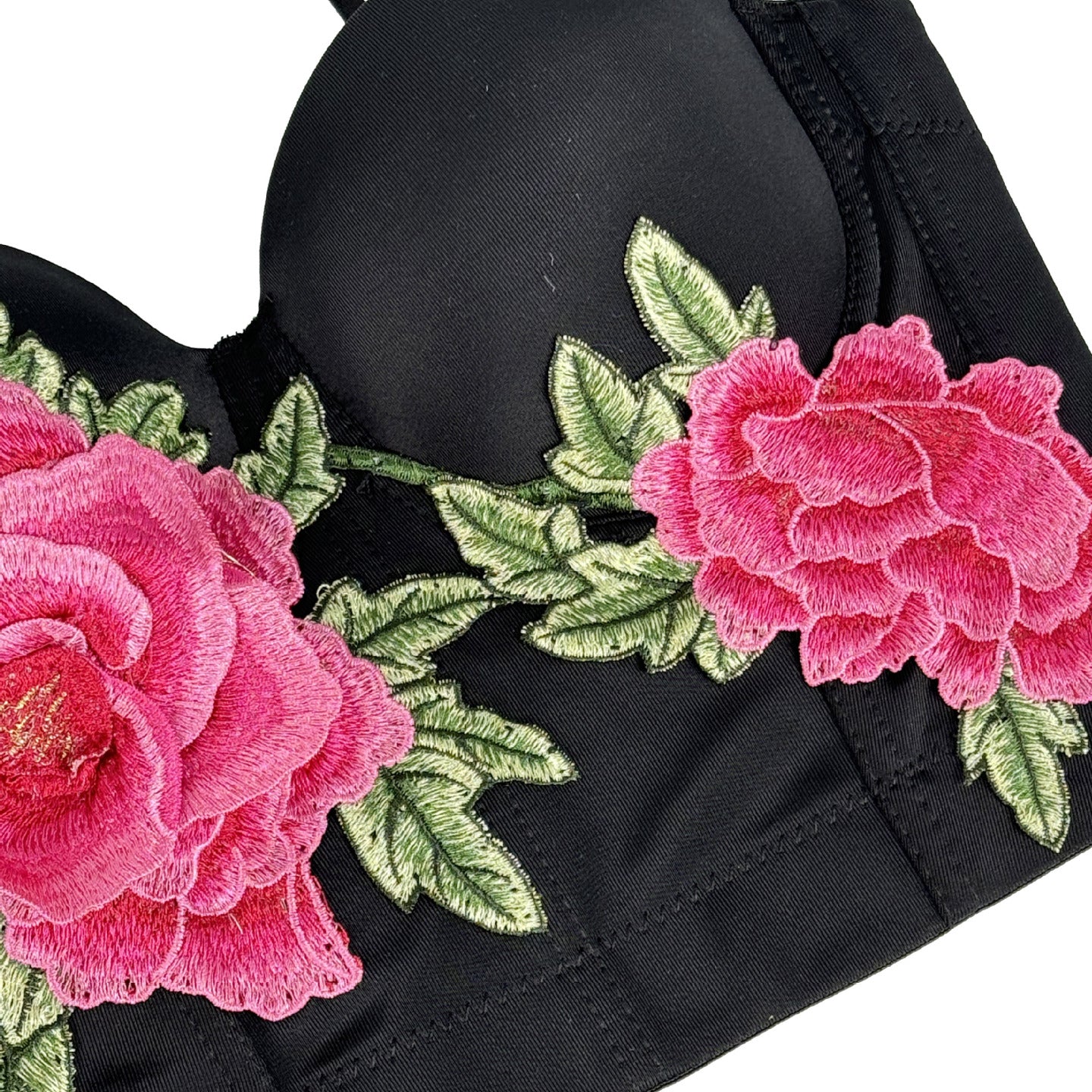 Langry black embroidered floral corset with pink roses and green leaves