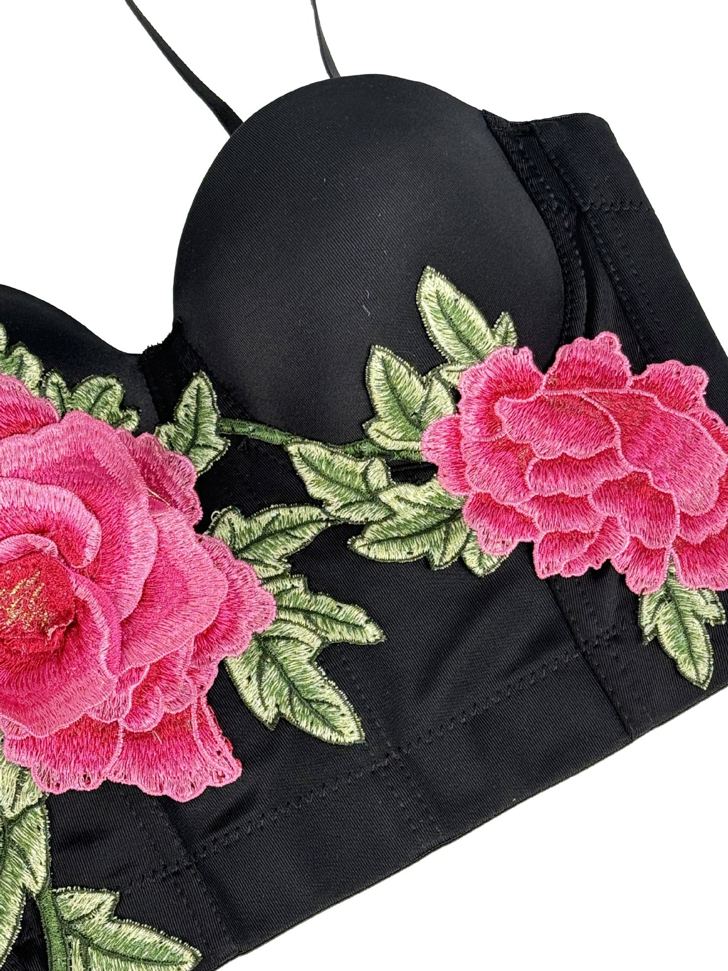 Langry black embroidered floral corset with pink roses and green leaves