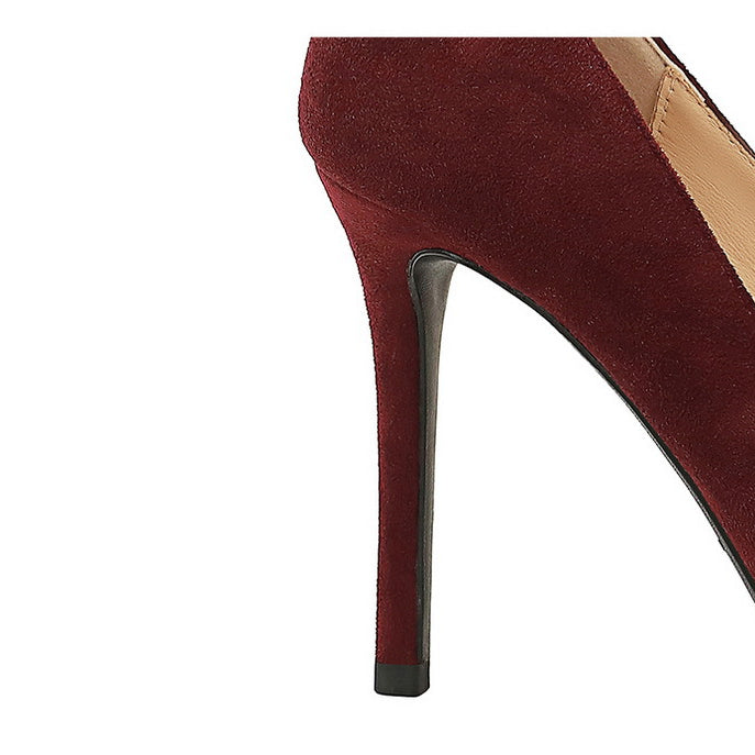 Burgundy suede Rhinestone Cocktail Stiletto Heel with gold accent in langry fashion