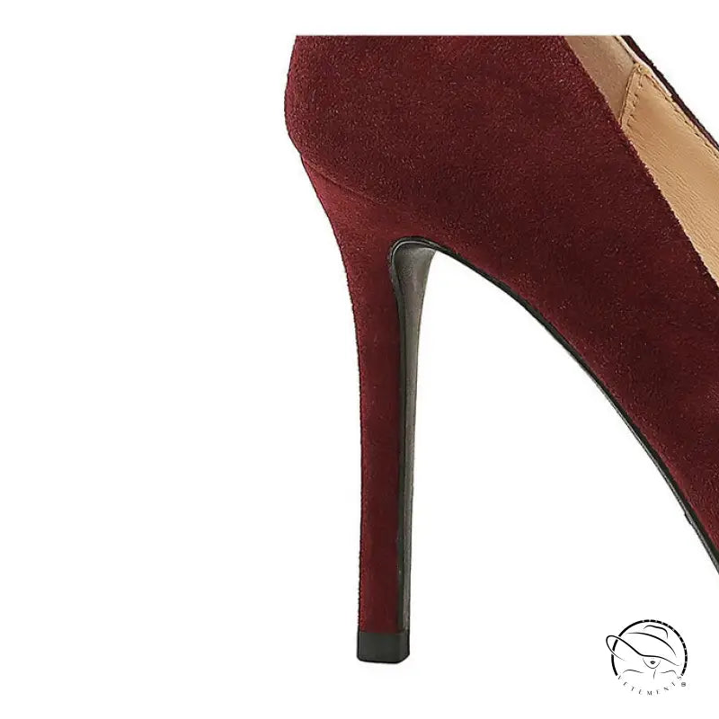 Burgundy suede Rhinestone Cocktail Stiletto Heel with gold accent