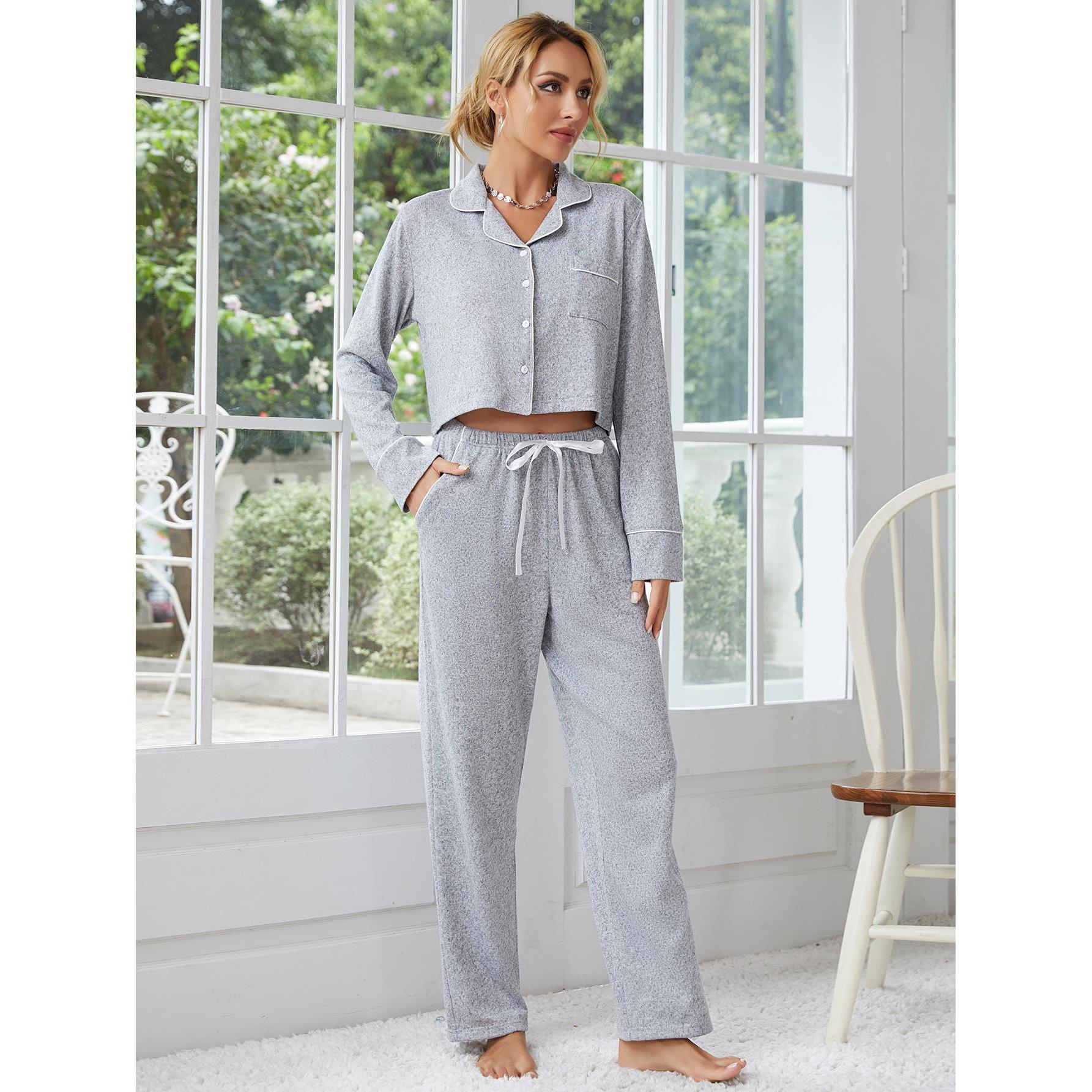 Women’s light grey long-sleeve polka dot pajama set, perfect home wear for fashion and comfort