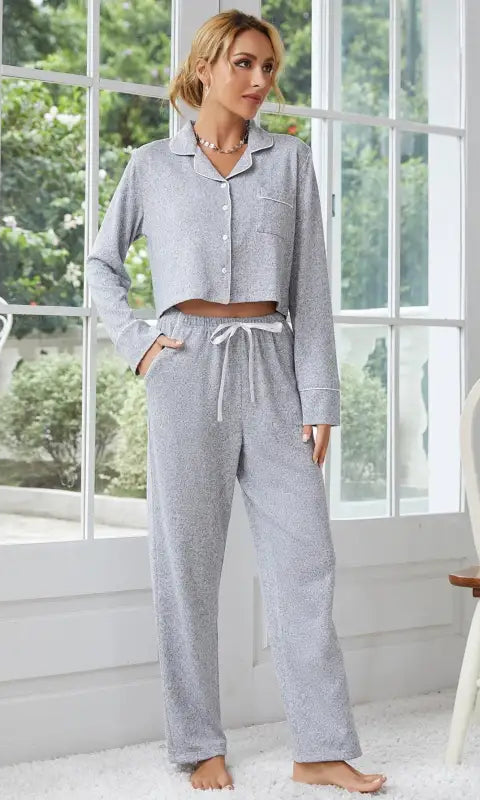 Women’s light grey polka dot long-sleeve home wear pajama set