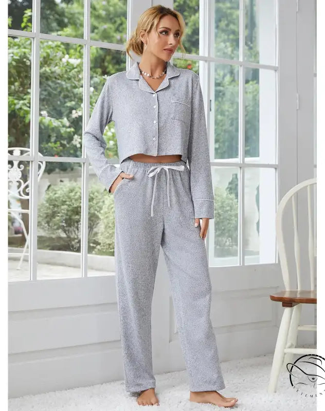 Women’s light grey polka dot long-sleeve home wear pajama set