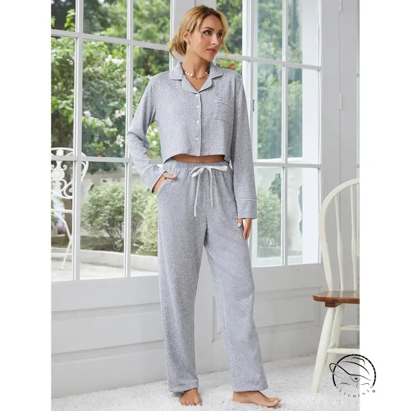 Women’s light grey polka dot long-sleeve home wear pajama set