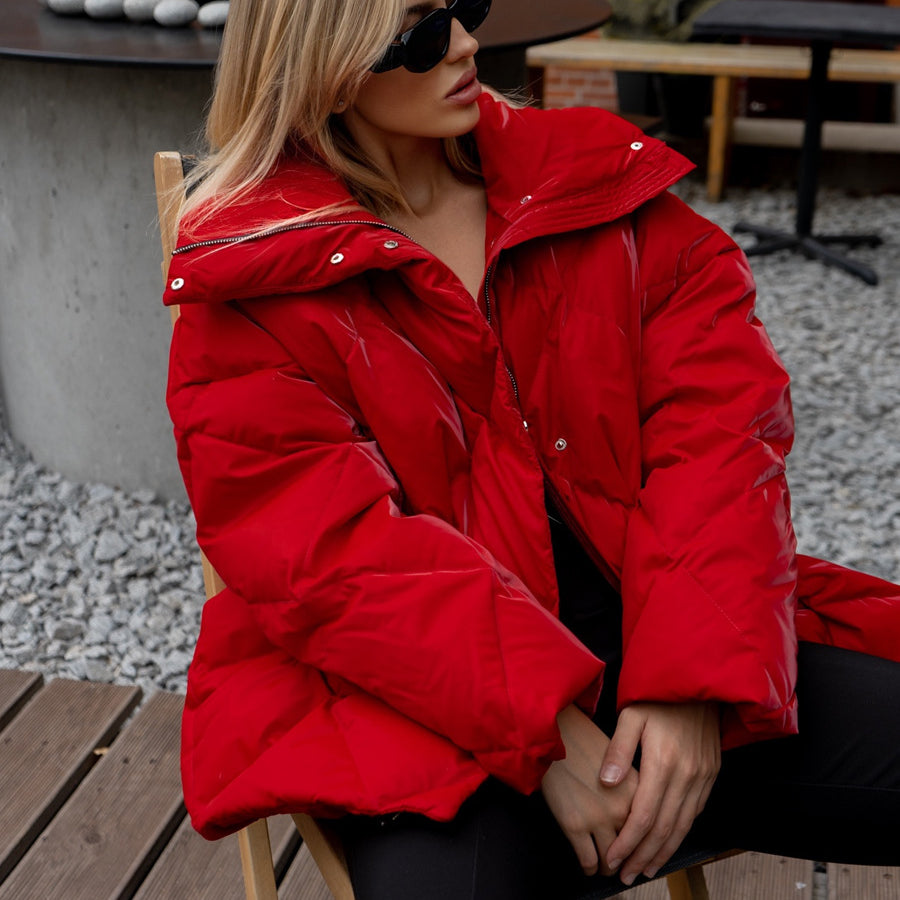 Red langry fashion ملابس puffer jacket with hood and oversized sleeves