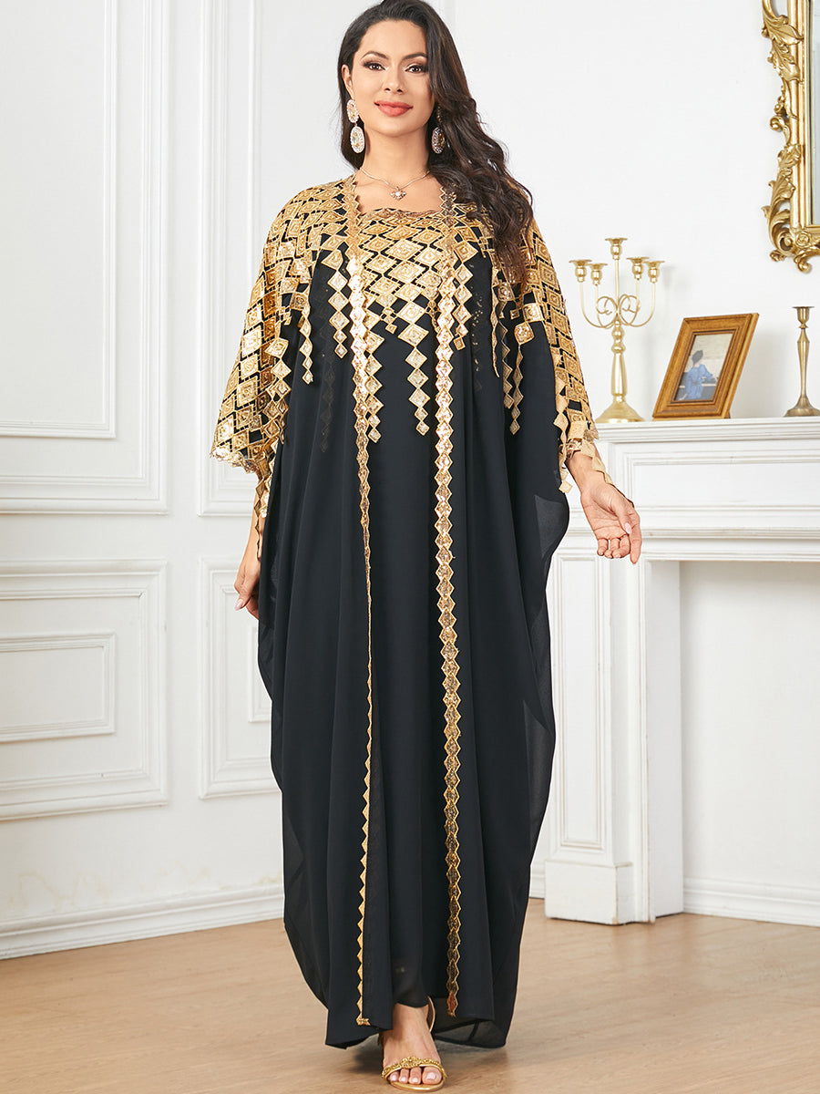 Langry black and gold kaftan dress with geometric patterns, fashion ملابس