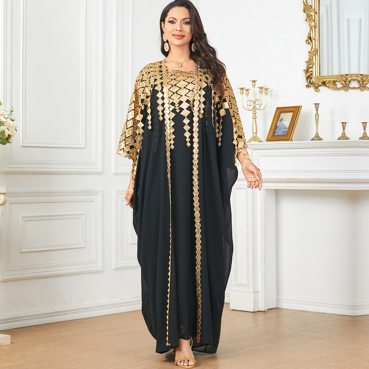 Langry black and gold kaftan dress with geometric patterns, fashion ملابس