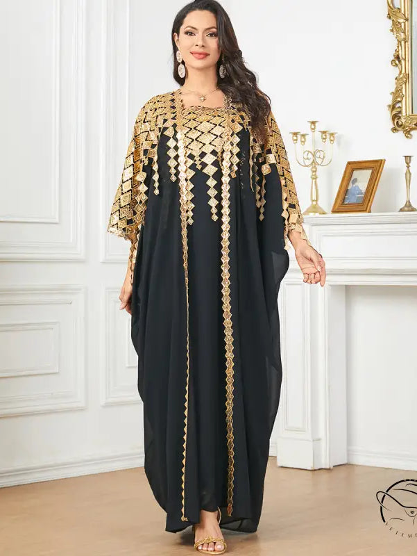 Black and gold langry fashion kaftan dress with geometric patterns